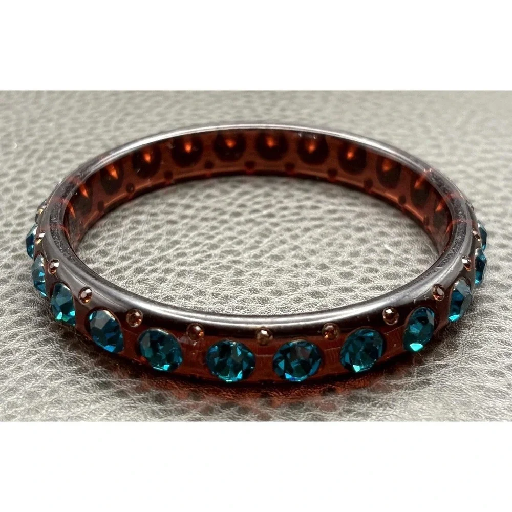 Vintage Teal Blue Crystal Rhinestone Bangle Bracelet Brown Lucite 8